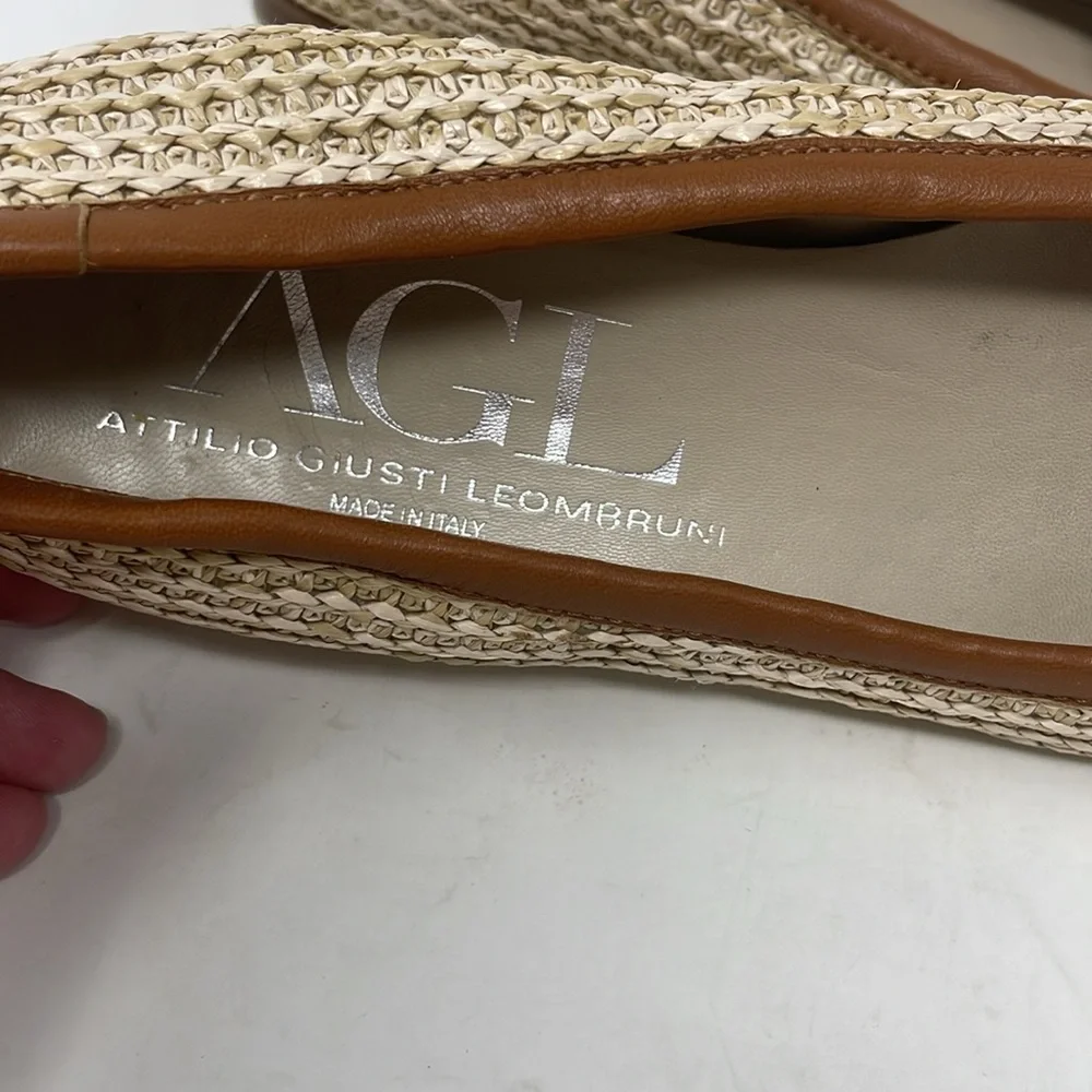 AGL Attilio Giusti Leombruni Red Patent Tan Straw Woven Ballet Flats Size 37
